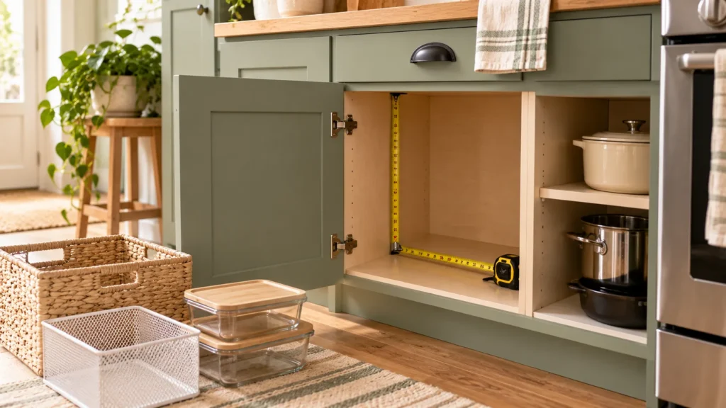 Measuring a small kitchen cabinet before buying storage organizers