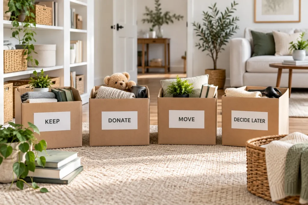 Four-box decluttering method with Keep, Donate, Move and Decide Later boxes