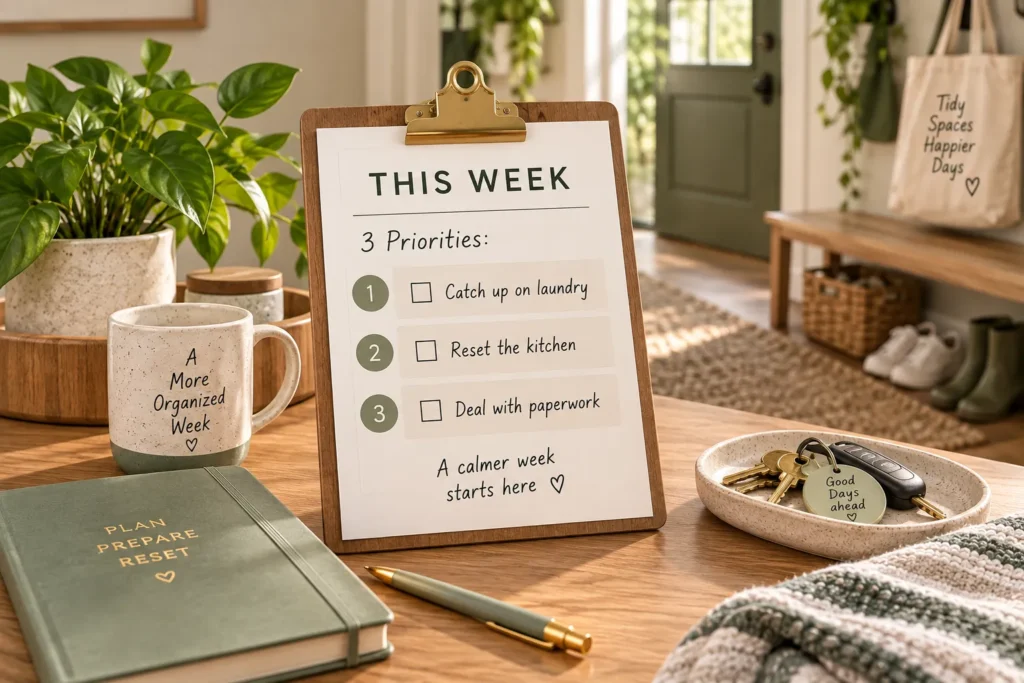 Weekly home reset checklist with three priority household tasks