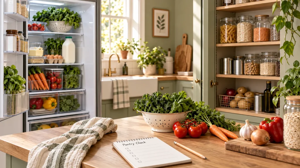 Checking fridge and pantry food before weekly meal planning