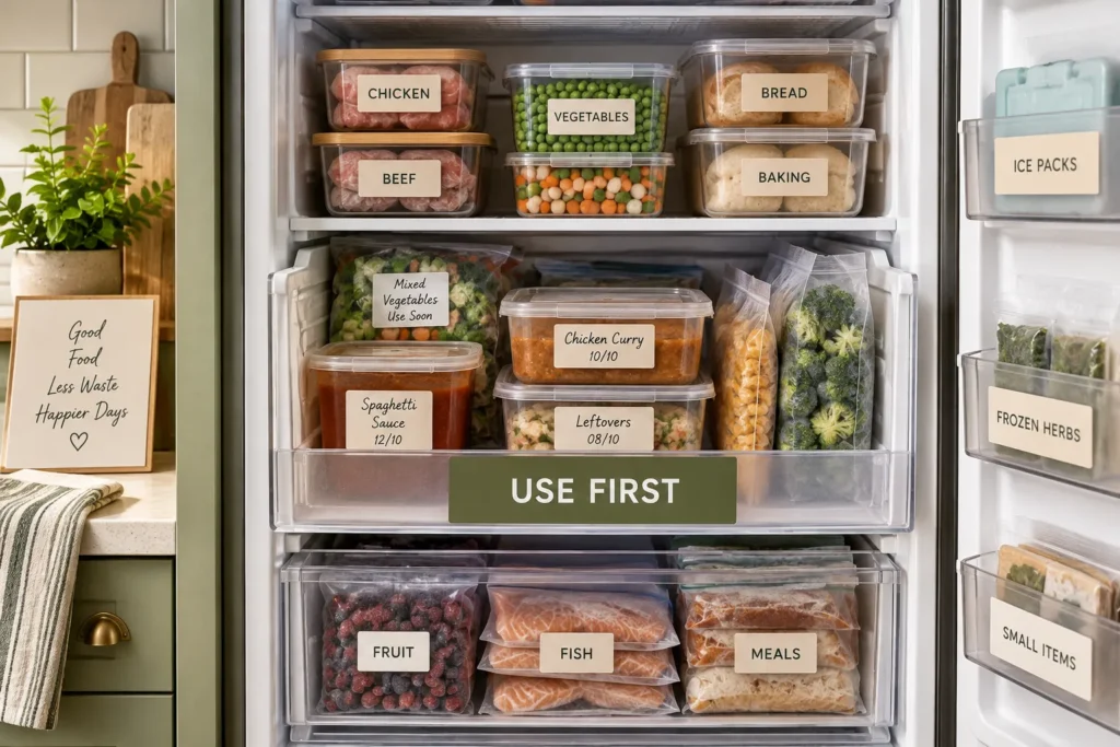 Freezer use-first section for organizing frozen food and leftovers
