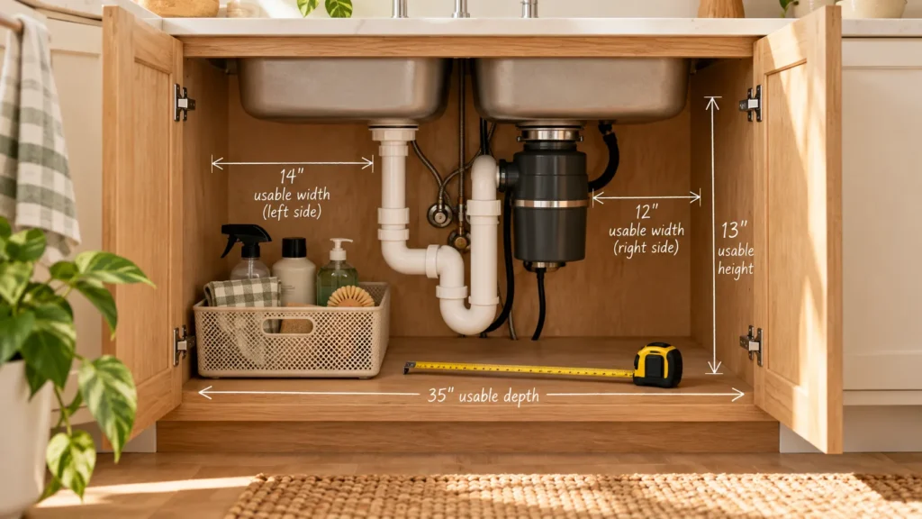 Measuring an under-sink kitchen cabinet around pipes for a storage organizer
