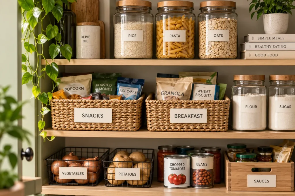 Practical pantry labeling system with labelled baskets and food containers