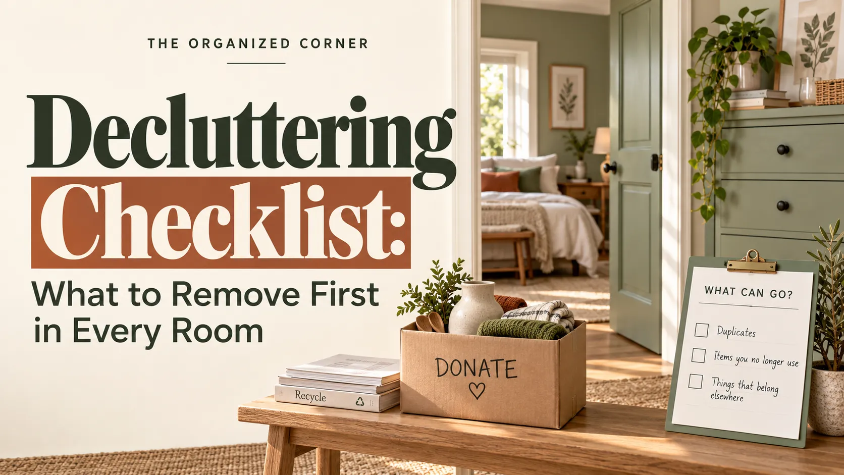 Room-by-room decluttering checklist showing what to remove first