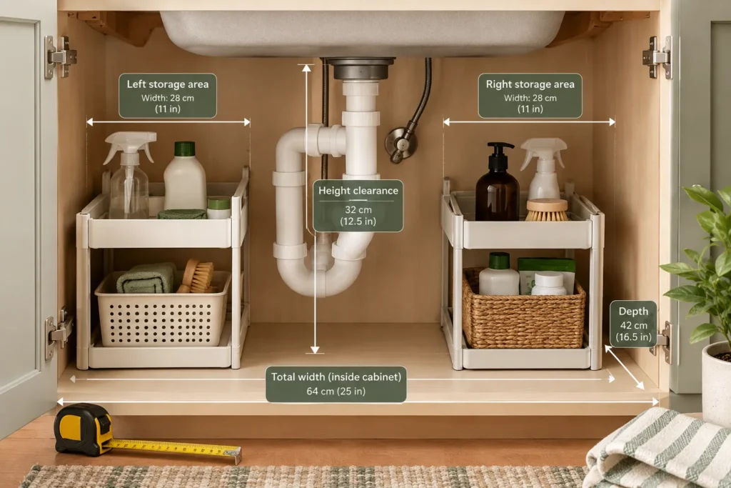 Measuring usable space around pipes before installing an under-sink organizer