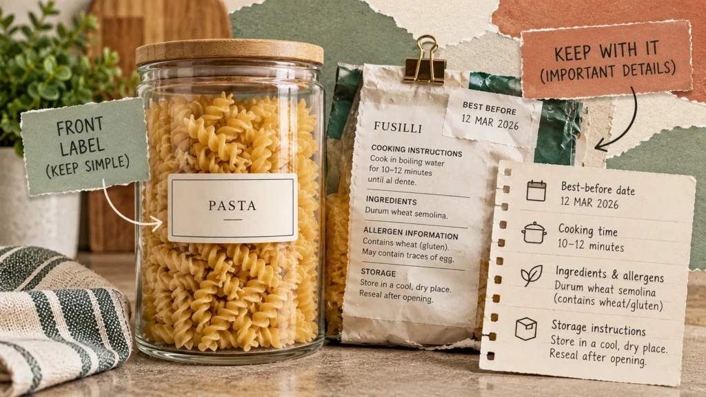 Decanted food container with pantry label and saved original package information