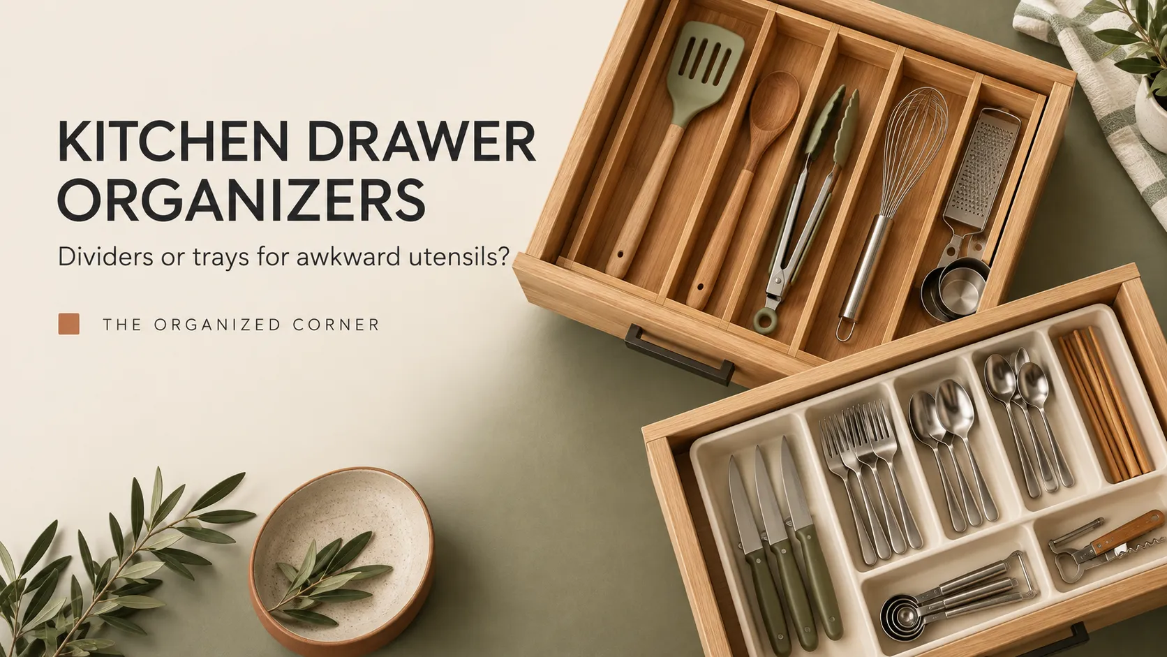 Kitchen drawer organizers comparing dividers and trays for awkward utensils
