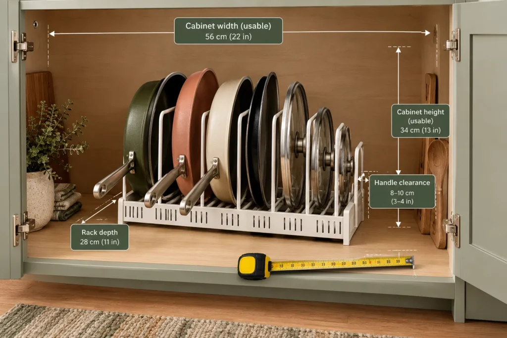 Measuring cabinet width and cookware clearance before installing a pan rack