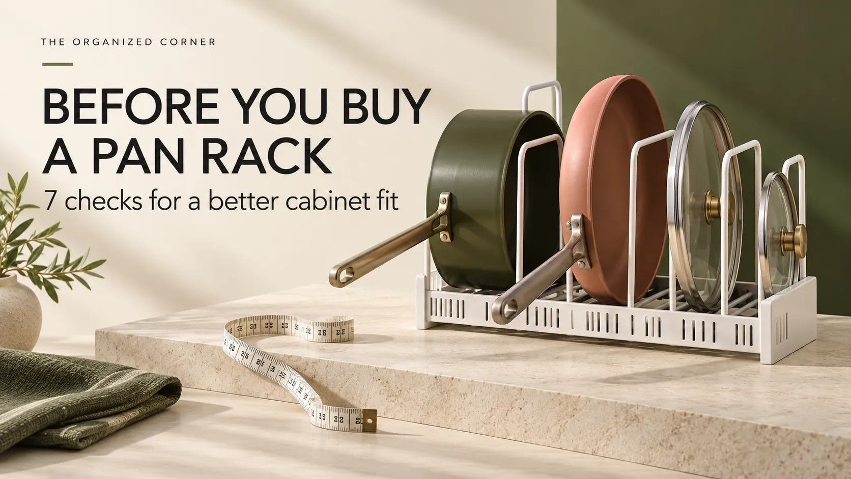 Pan rack holding cookware and lids with a measuring tape before cabinet installation