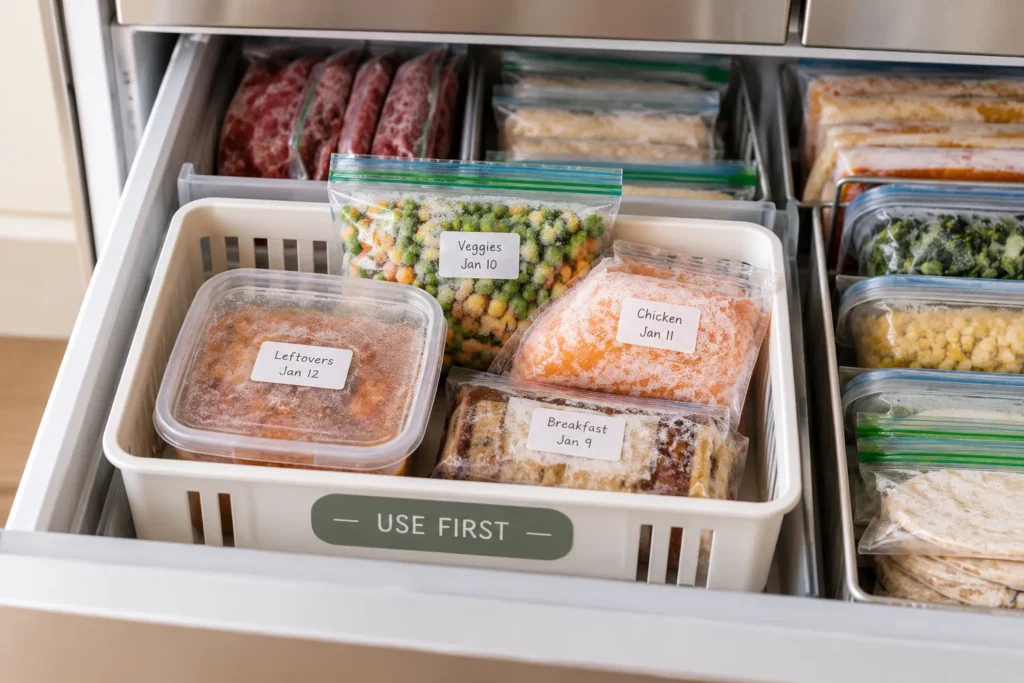 Small freezer use-first section for keeping older frozen food visible