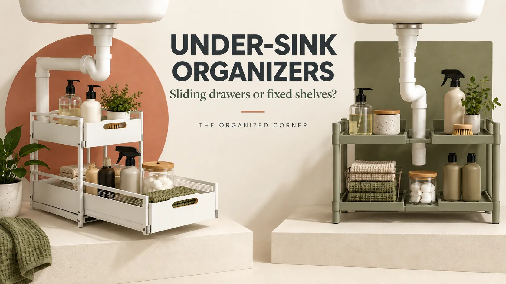 Sliding drawers and fixed shelves compared for under-sink organization