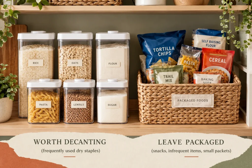 Pantry foods worth decanting beside packaged foods that can stay in original packaging